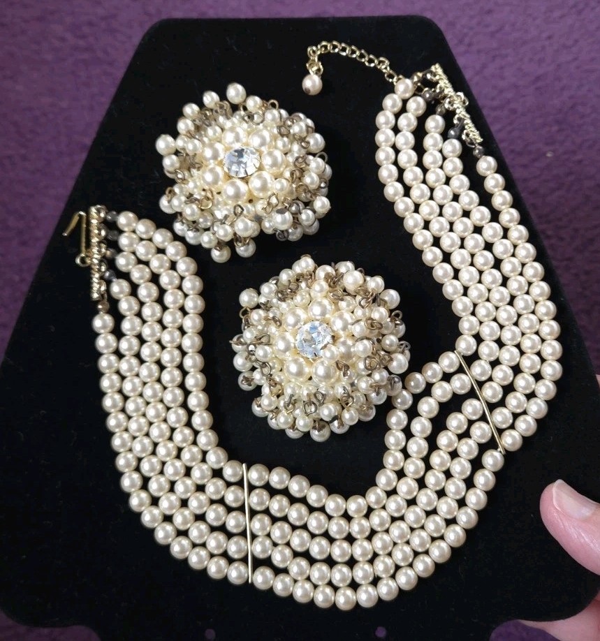 Vtg 1950s 5-Strand Faux Pearl Choker Necklace Clip-On Earrings Set Mid Century