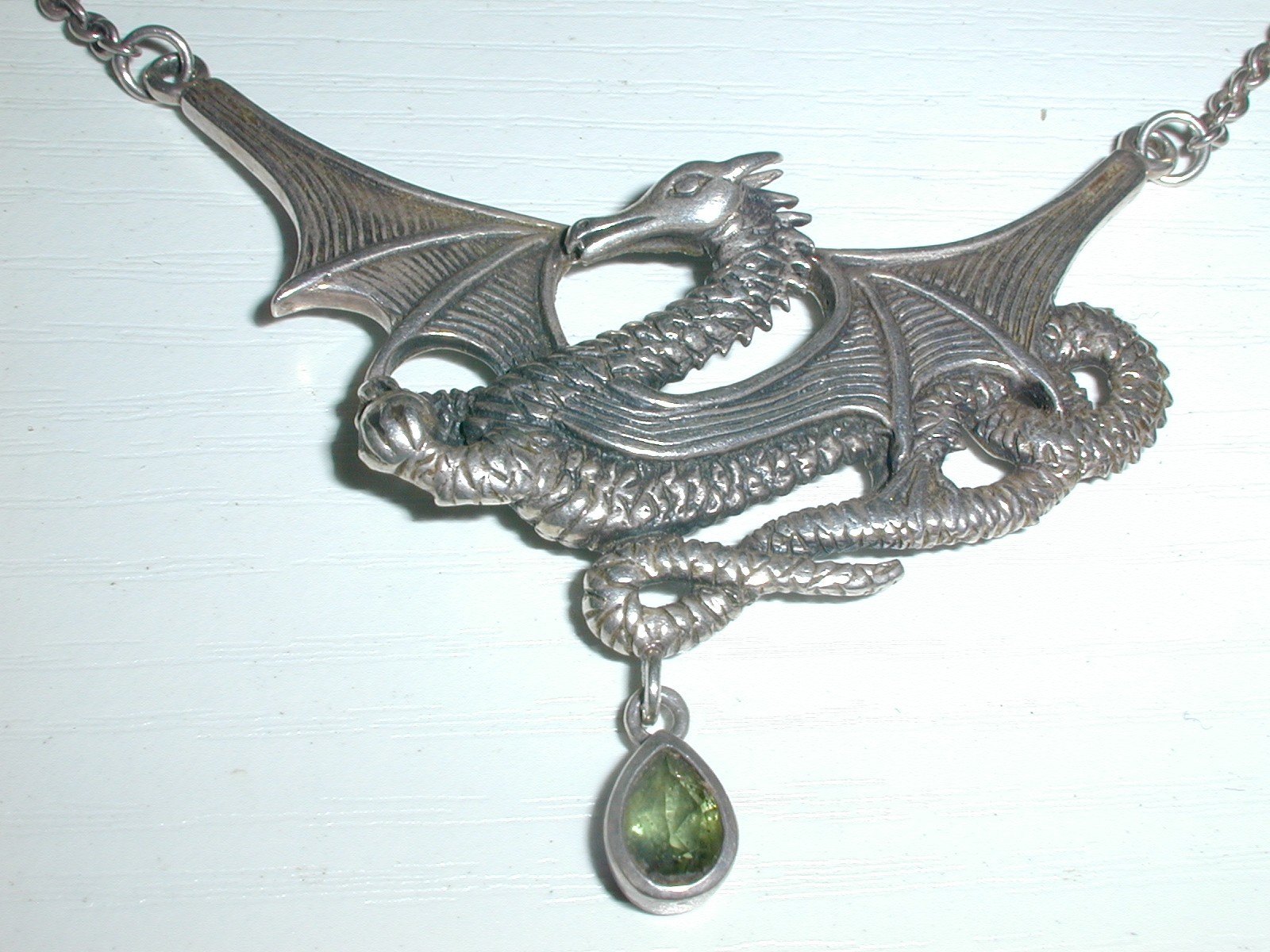 VINTAGE STERLING PSCL- MOLDAVITE DRAGON NECKLACE- ADJUSTABLE LENGTHS-16, 17, 18″