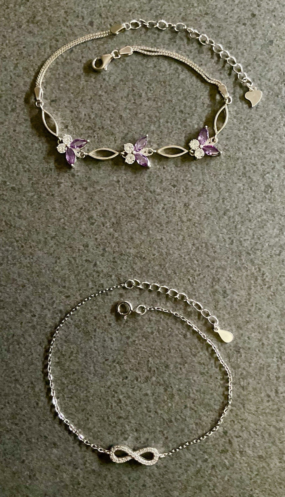 2 Dainty Sterling Bracelets Butterfly w/Purple Stones 7-8.5” & Infinity 6.5-7.5”