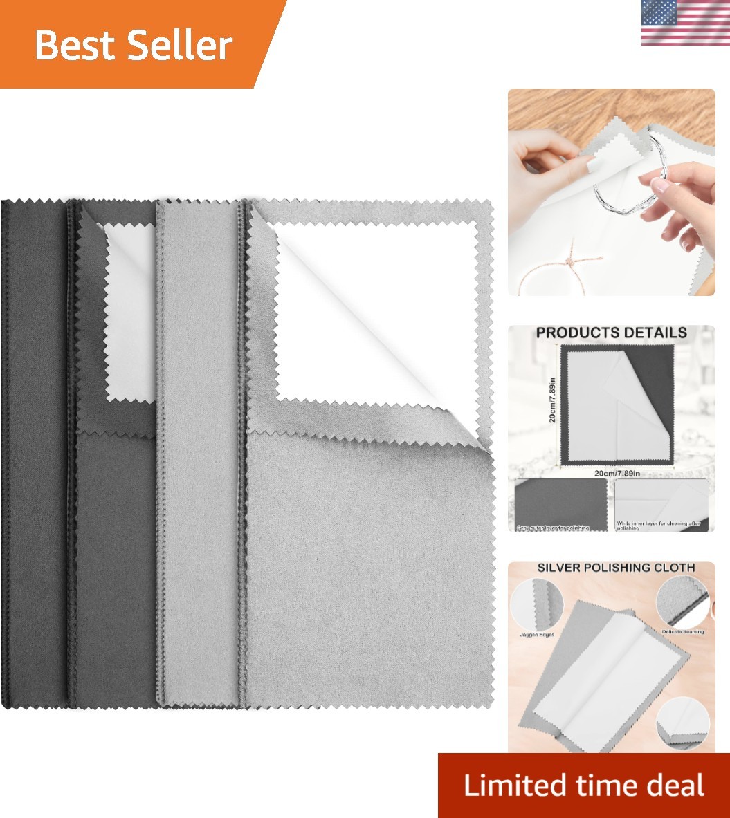 4 Pack Double- Sided Silver Polishing Cloths – Clean 925 Silver Gold Jewelry