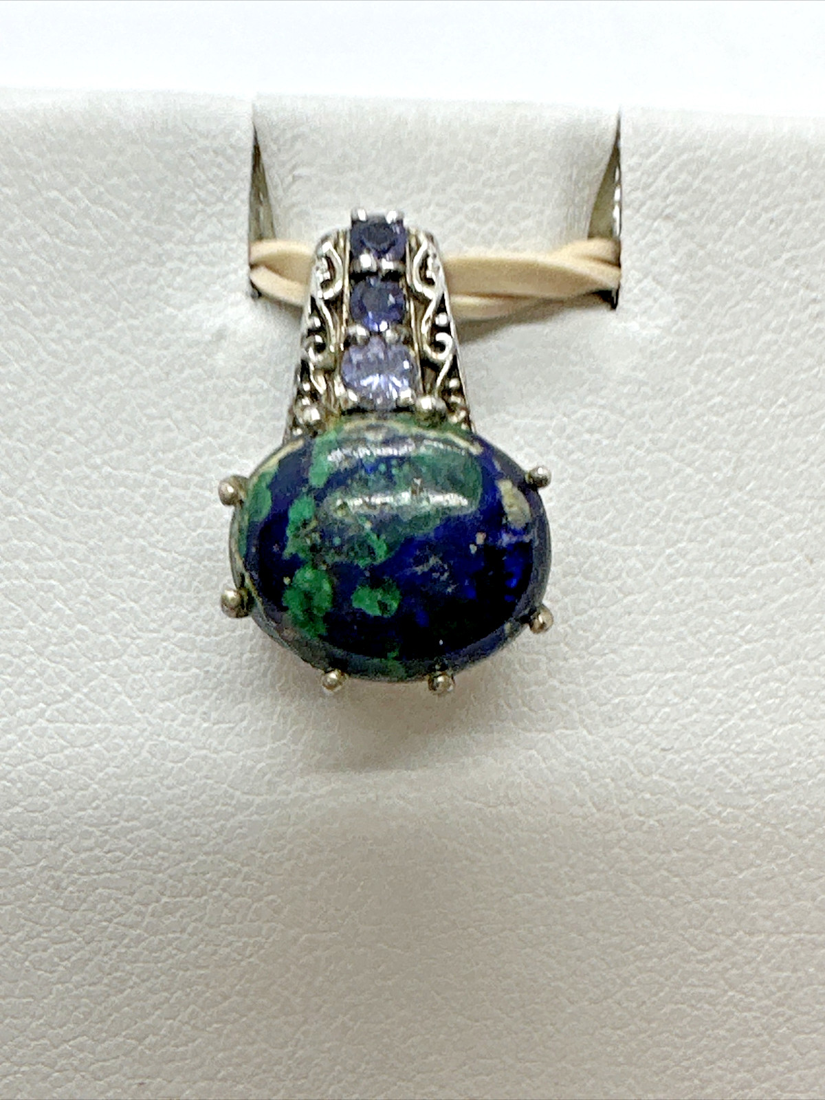 Signed STS Sterling Silver Azure Malachite and Purple stone Pendant 3/4″ Beauty