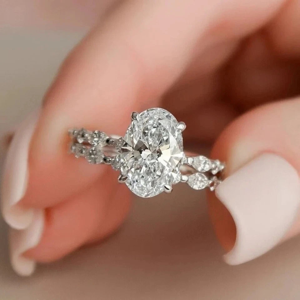 2.80Ctw Oval Cut Moissanite Bridal Engagement Ring Sets 14K White Gold Plated