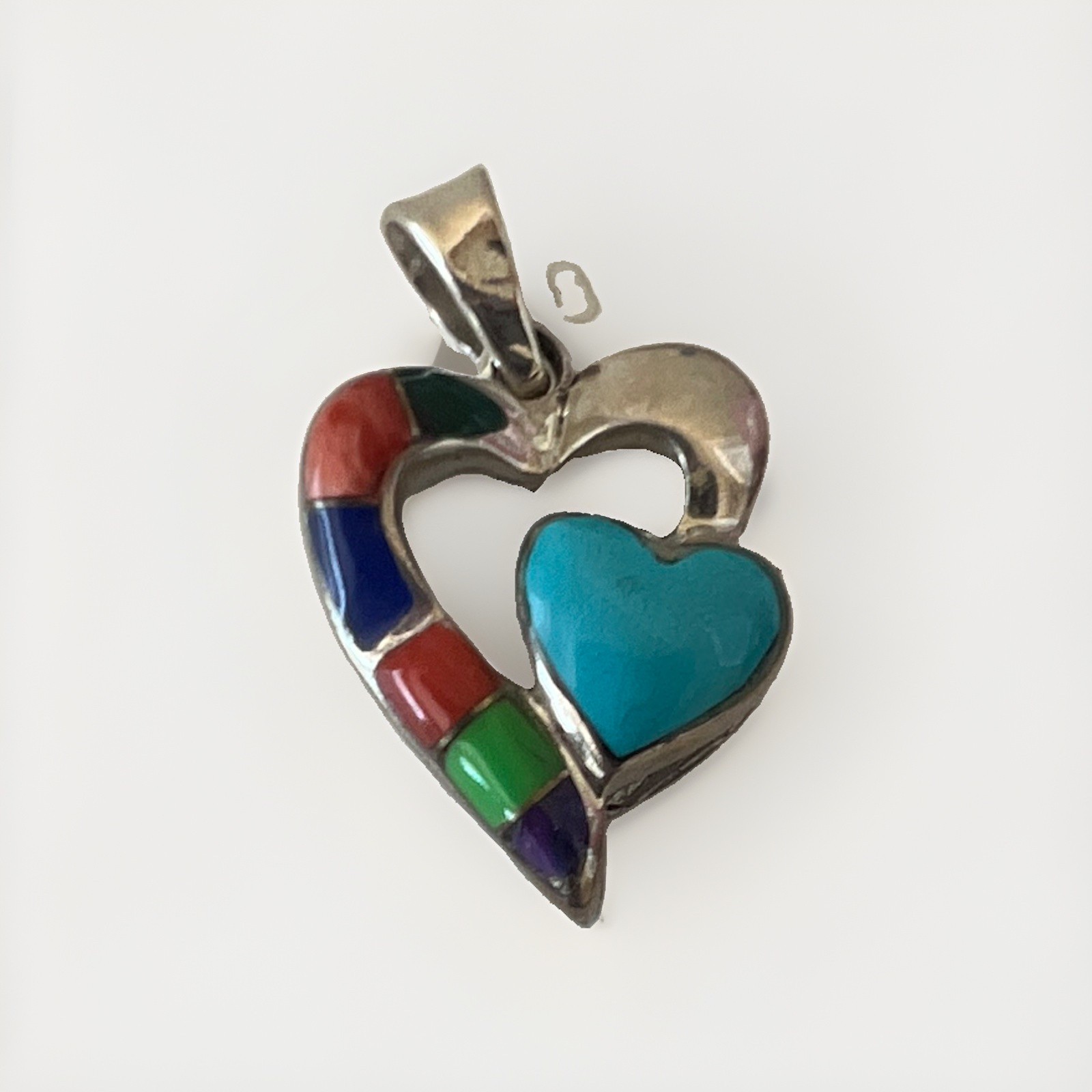 Multicolor Blue Inlay Heart Charm Pendant, Silver-Tone Metal Love Theme