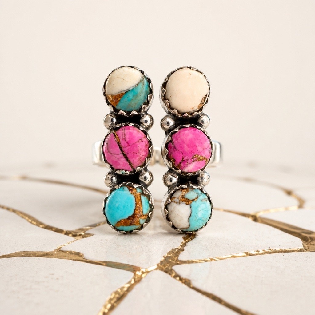 Cotton Candy Turquoise Cluster Rectangle Ring Size 8 Adjustable Sterling