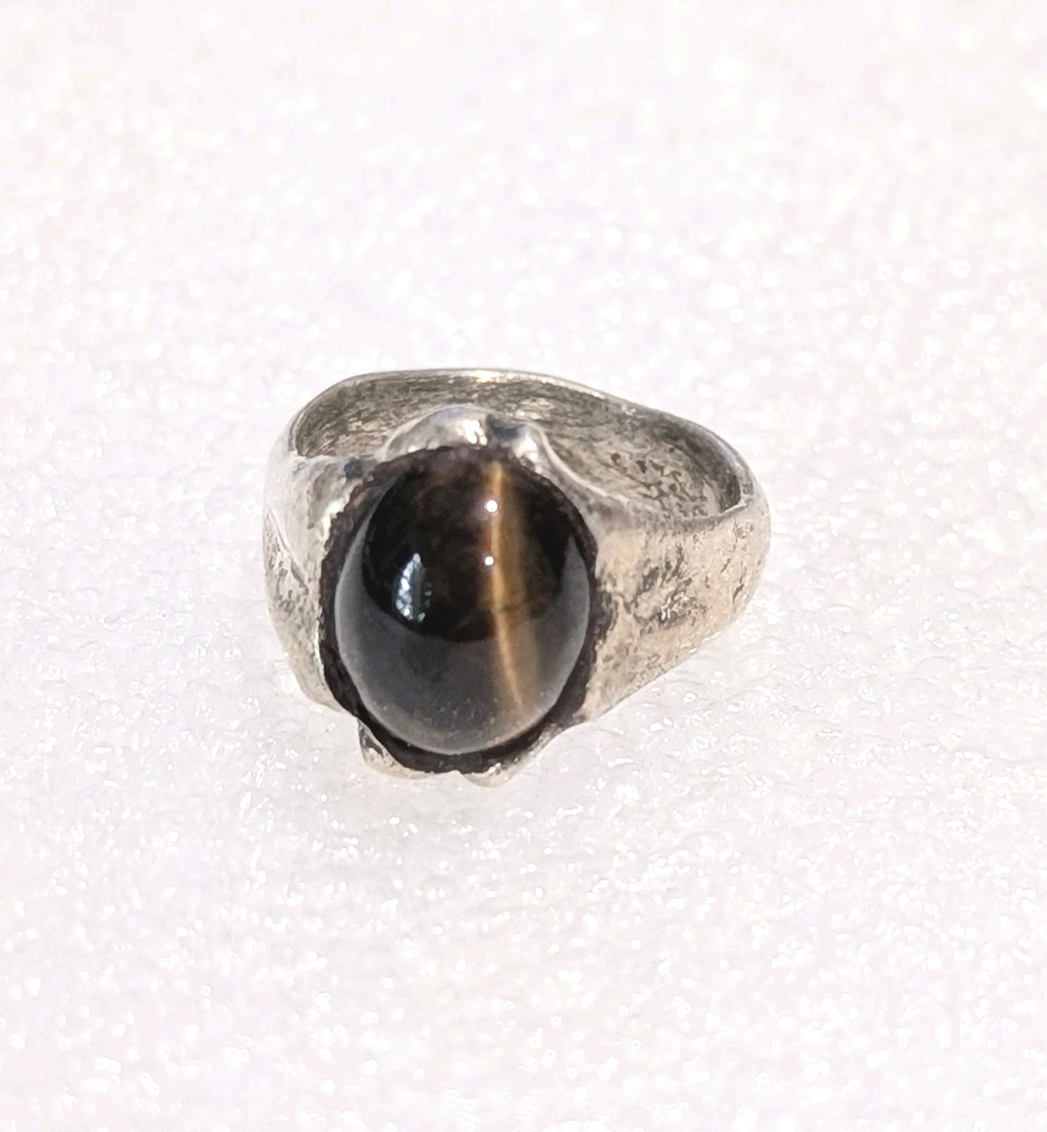 Vintage Cast Sterling Silver Genuine Tiger’s Eye Cabochon Size 3.25 Pinky Ring