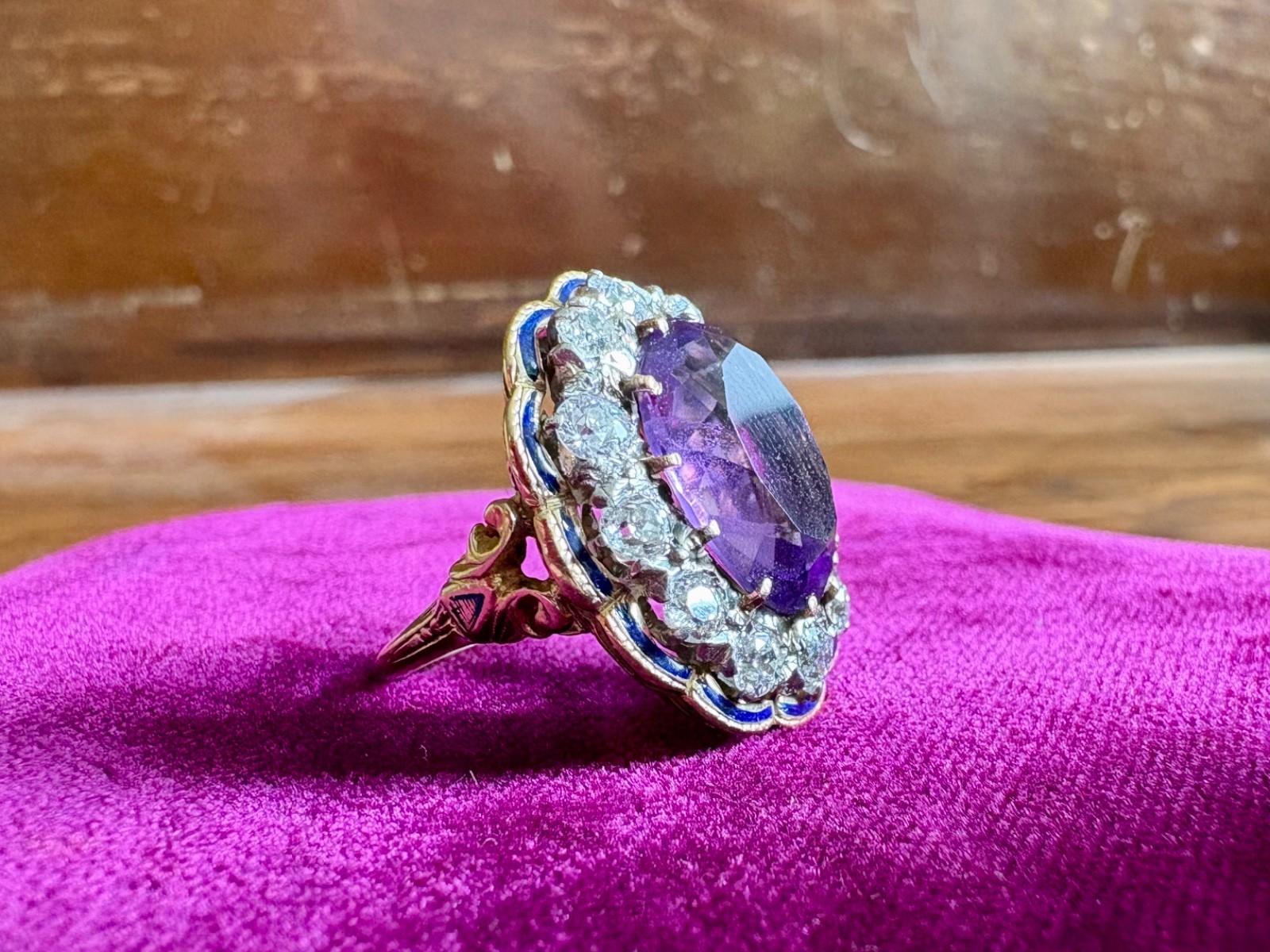 Antique Oval Amethyst & Diamond Halo Ring in Yellow Gold