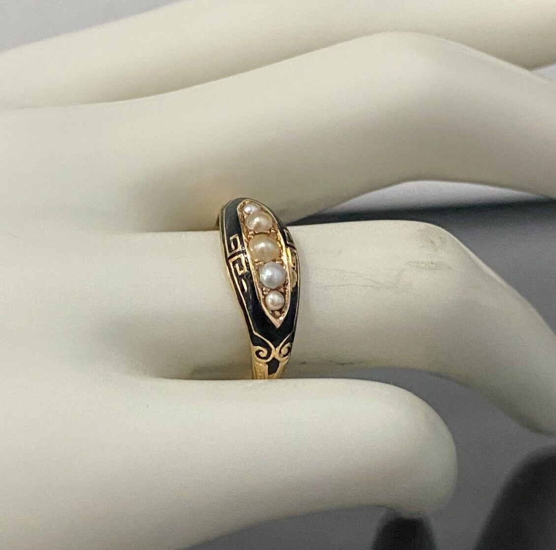 Victorian 15K Yellow Gold W/ Pearl Enamel Ring C1881 Size P 1/2 – 7 3/4
