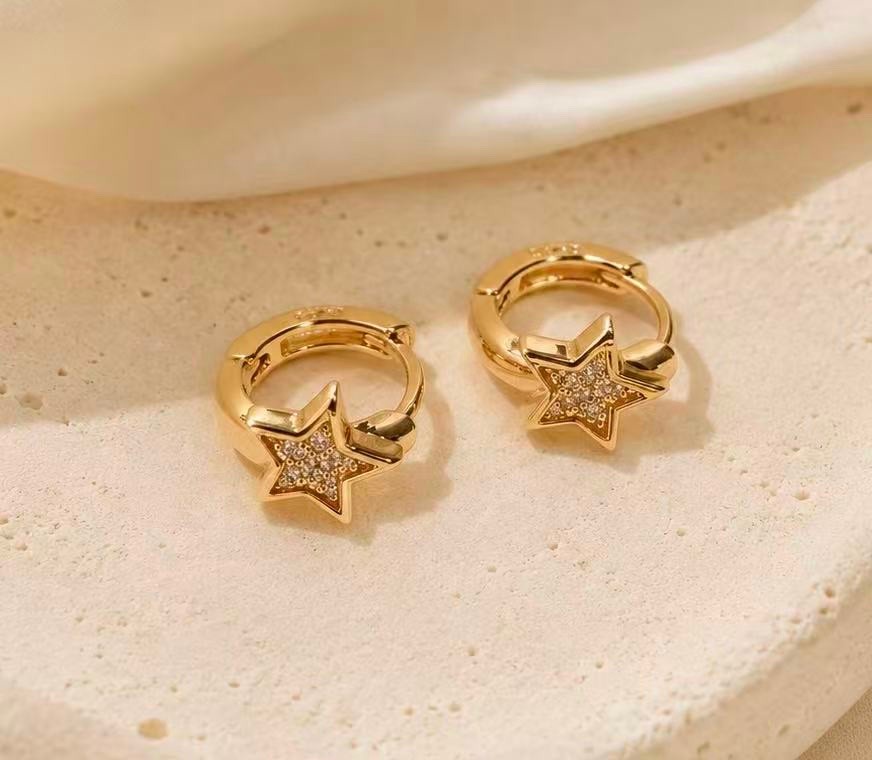 18K Gold Plated Star Huggie Hoop Earrings 9mm Small CZ Unisex Earrings 177