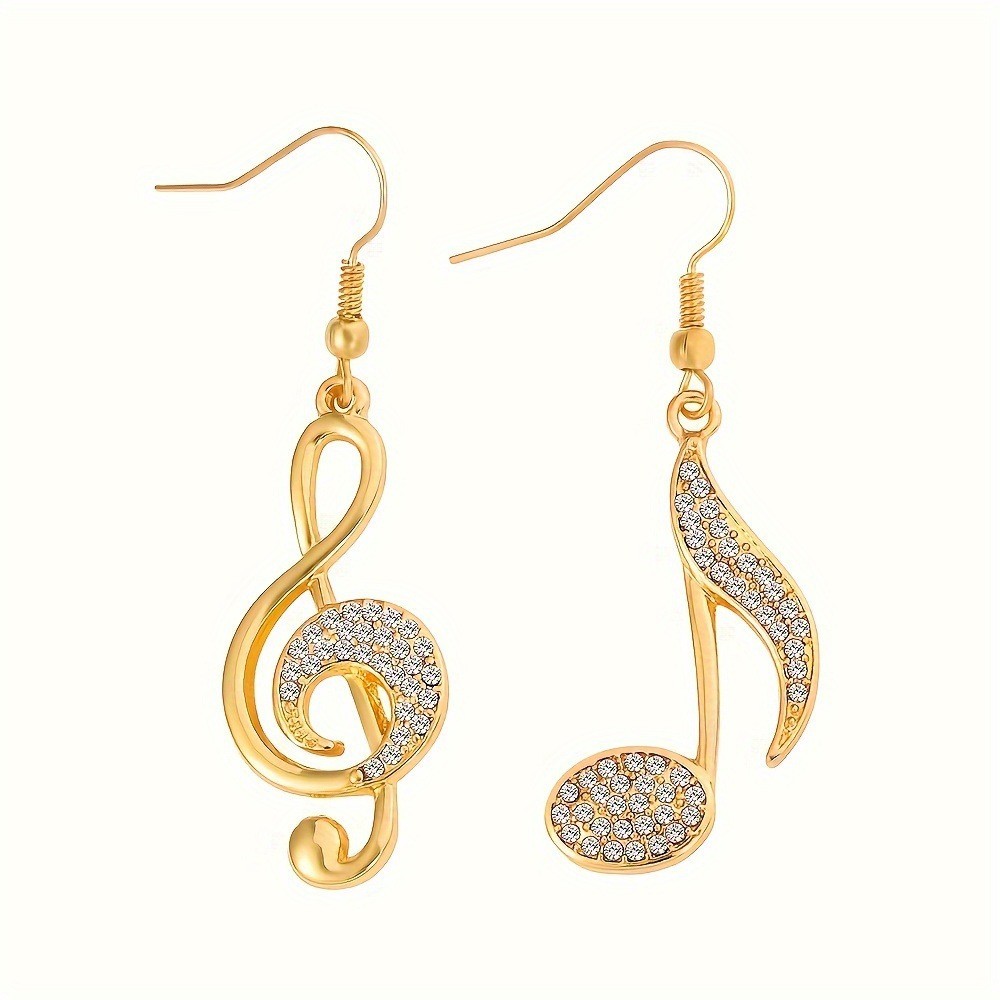 2Pcs Asymmetric Musical Note Earrings Gold Rhinestone Dangle Drop Earrings
