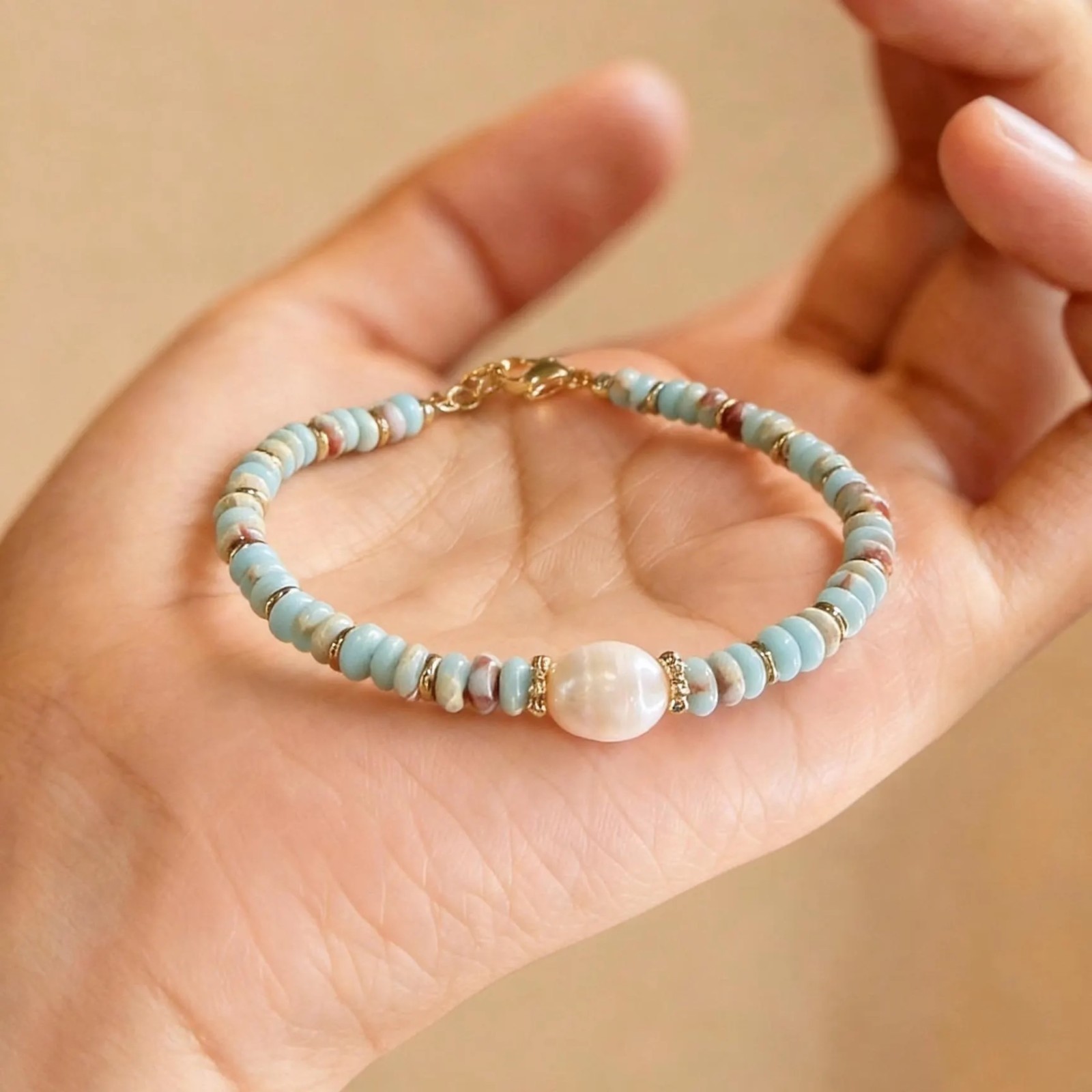 Dainty Freshwater Pearl & Light Blue Stone Beaded Bracelet, Gold Layering Everyd