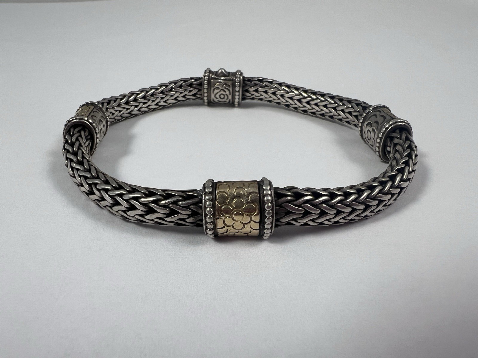 John Hardy 18k & 925 Sterling Four Pattern Station Classic Chain Bracelet 8” 6mm