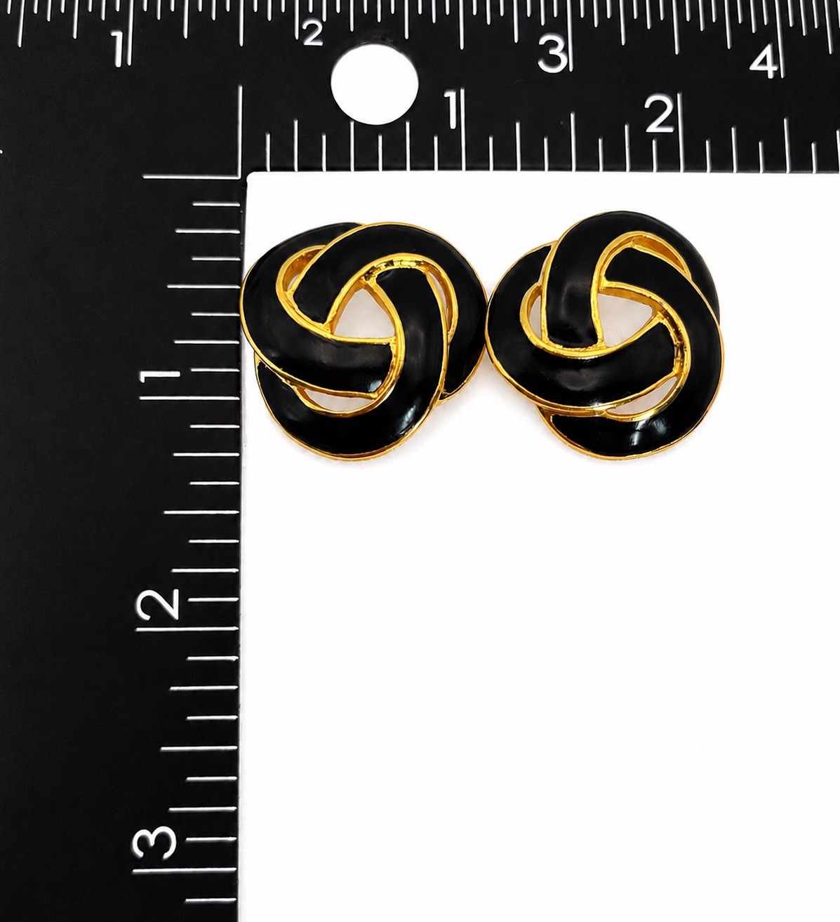 Vintage Napier Signed Black Enamel Gold Tone Interlocking Knot Pierced Earrings