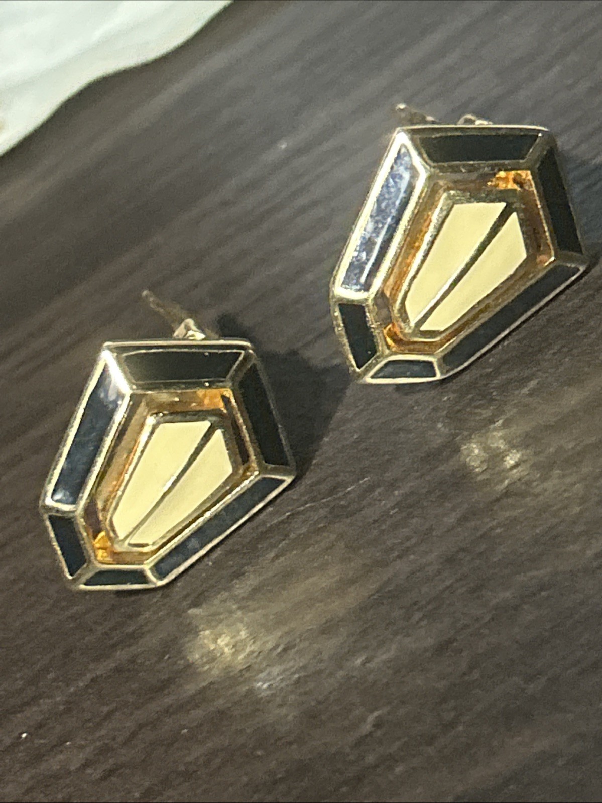 Vintage Signed Christian Dior Black Cream Enamel Open Work Clip Earrings Patent