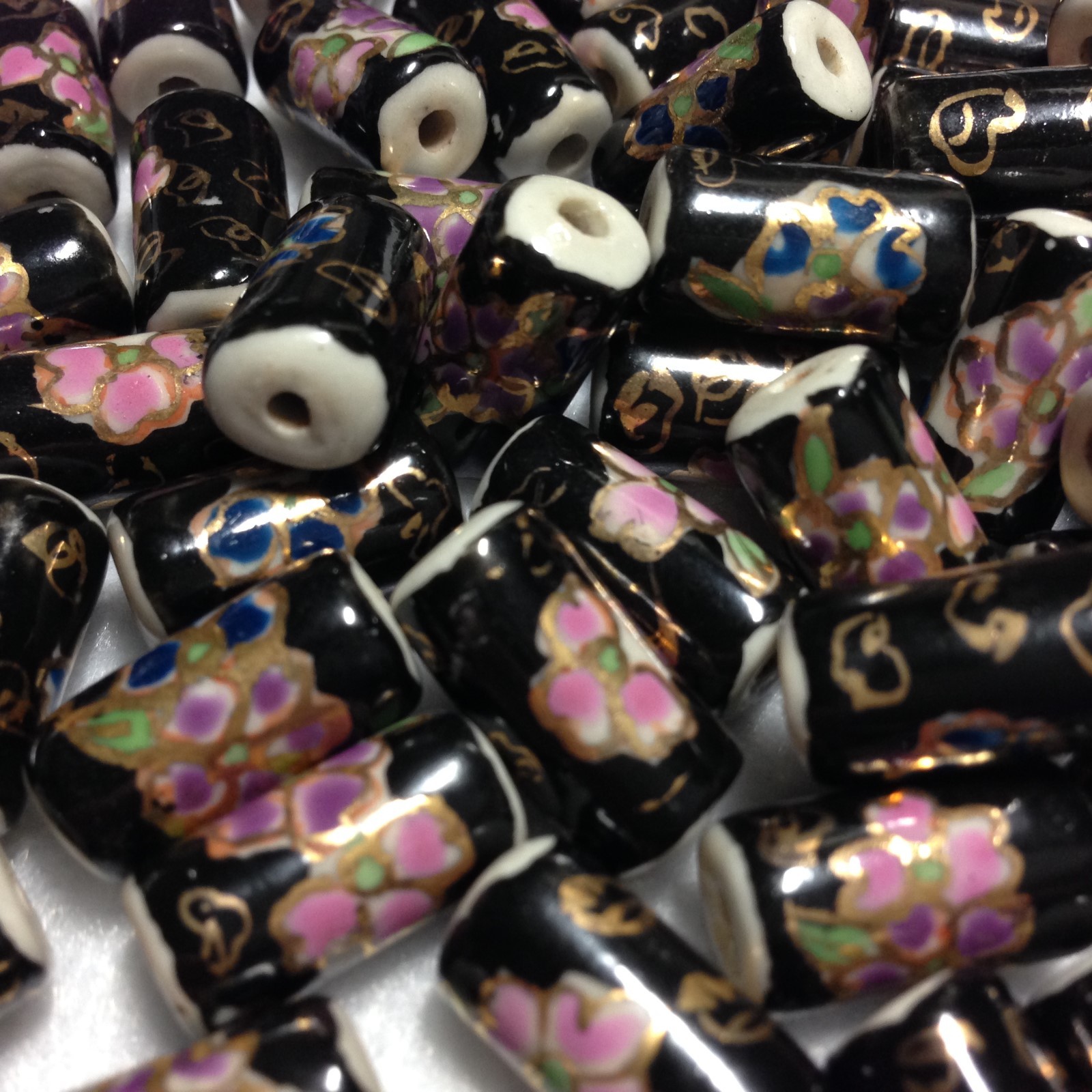 Black Porcelain Hand Painted Floral Cylinder/Tube Beads, Approx. 17x9mm , 3PCS