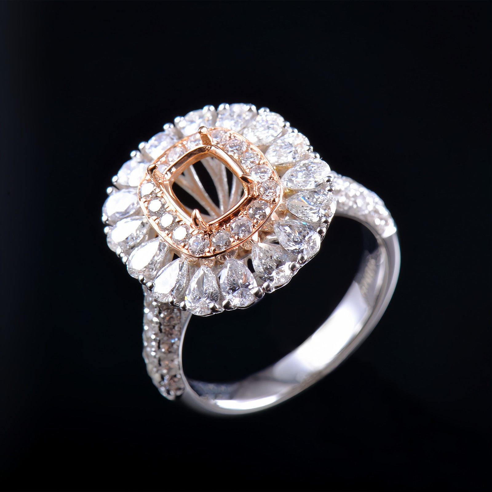 Custom Natural Diamond Semi Mount Women Ring Solid 14K 2-Tone Gold Cushion 7×5mm