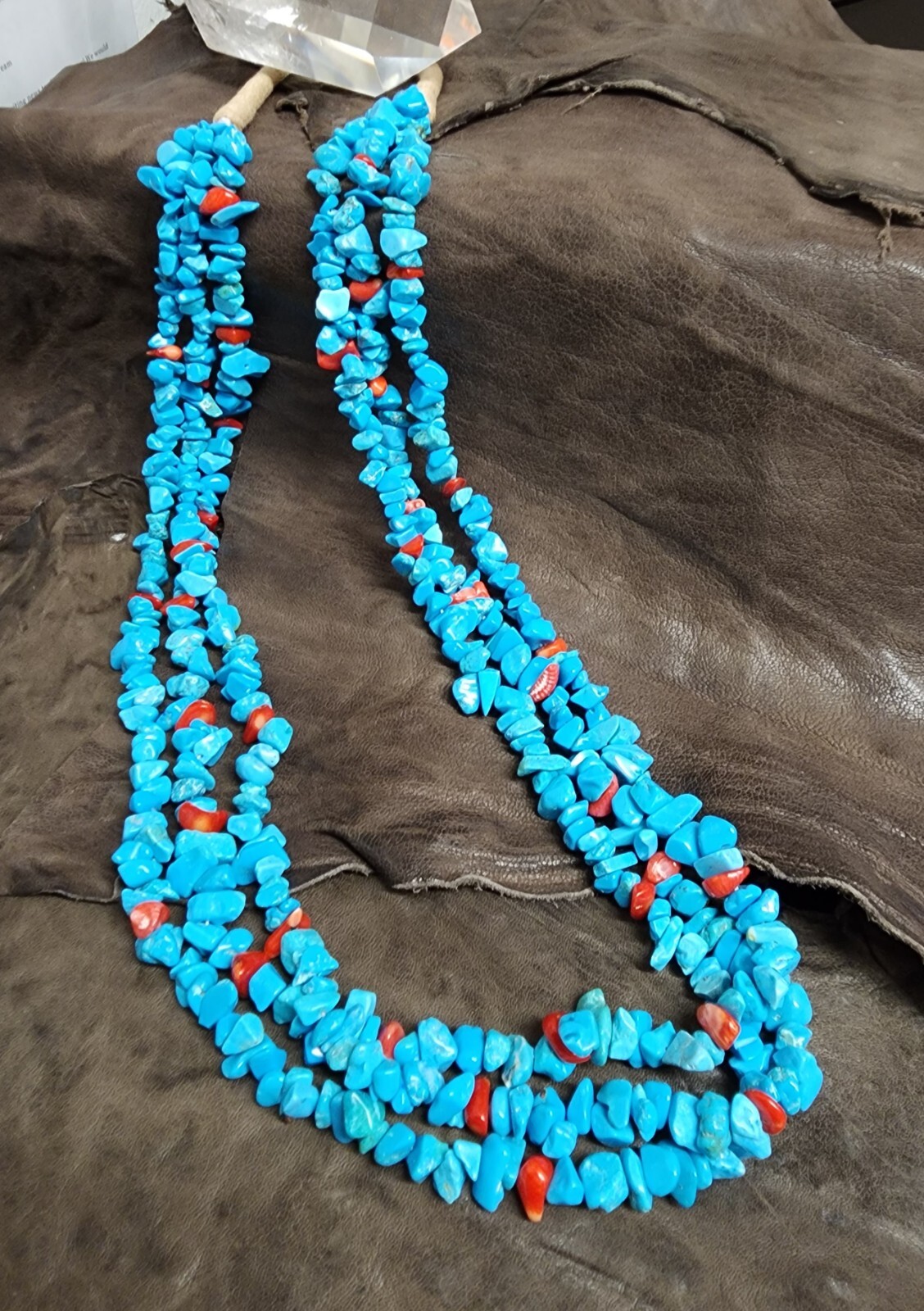 Necklace (N72) Navajo – Turquoise w/ Coral 3-Strand Nuggets