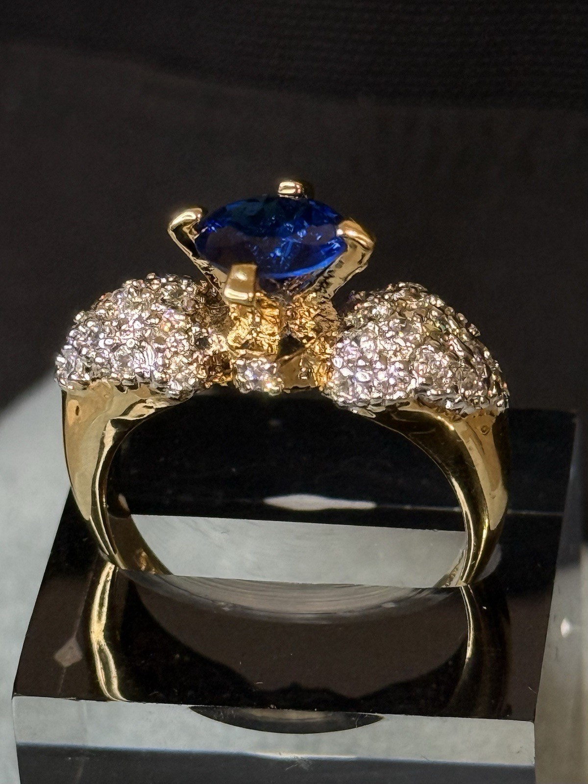 Vintage Signed LIND 14K HGE Blue Sapphire CZ Cluster Cocktail Ring Size 8.75