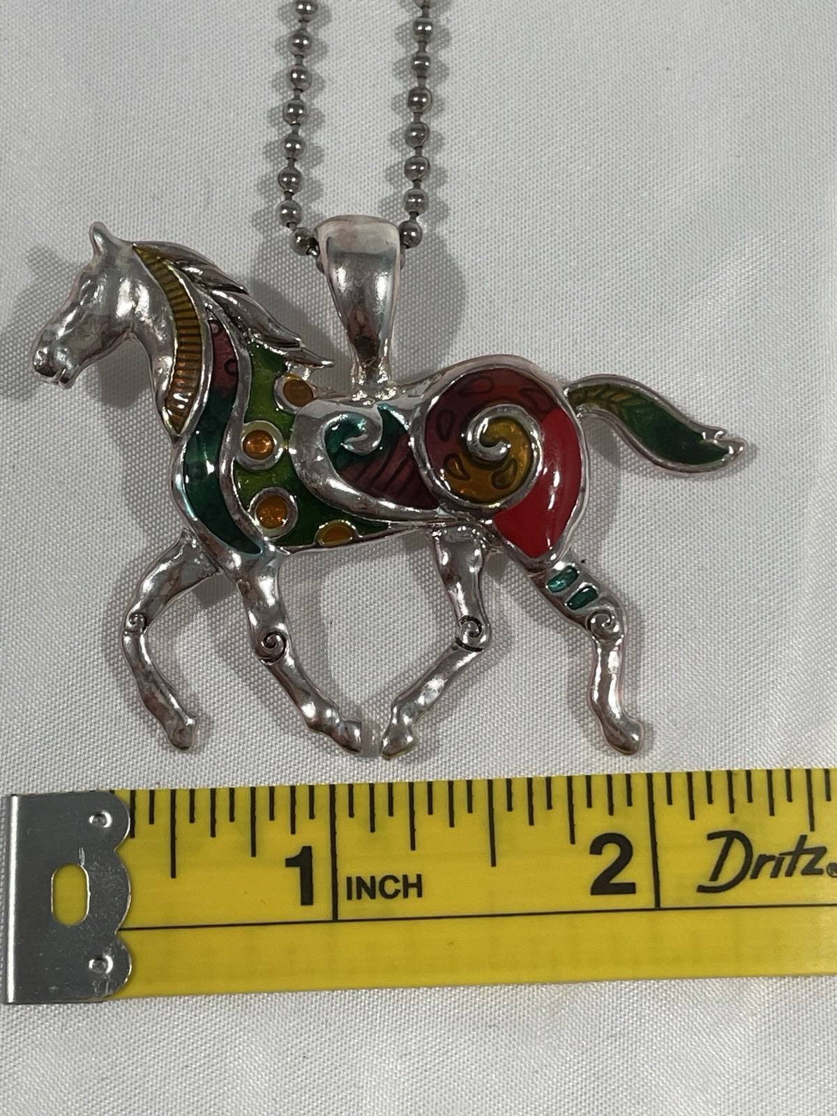 Silver Tone Horse Charm Pendant Necklace, Ball/Bead Chain, Multicolor Enamel