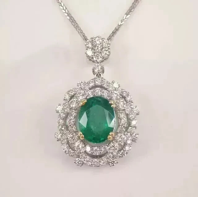 3.00Ct Oval CutNatural Green Emerald Halo Wedding Pendant 14K White Gold Plated