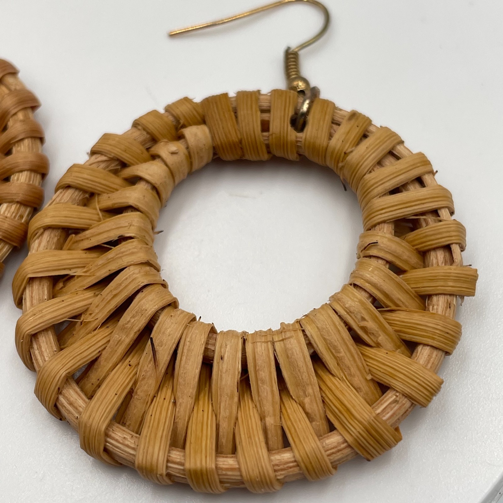 Vintage Boho Woven Rattan Straw Bamboo Open Hoop Large Statement Drop Earrings