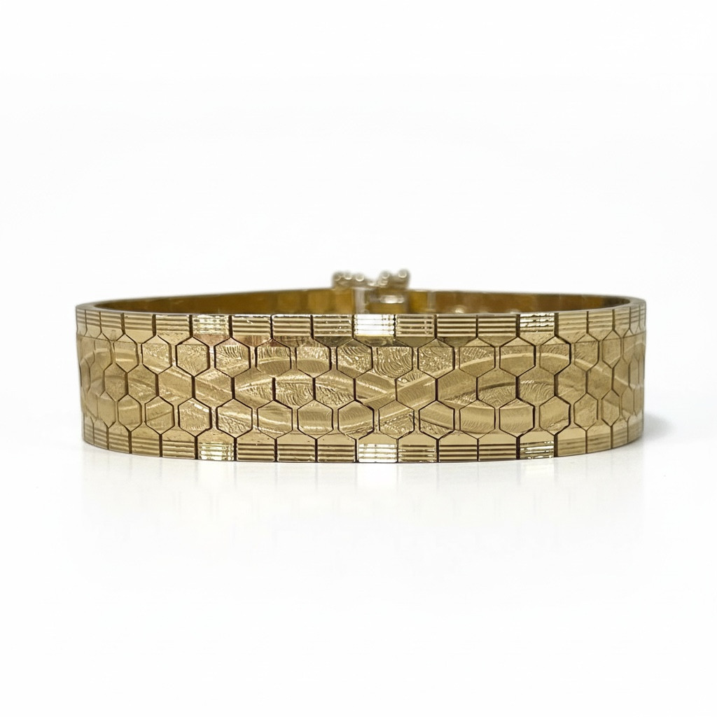 Vintage Italian Honeycomb Link Bracelet Heavy Gold Plated Wide Retro 7.25″ 35.4g