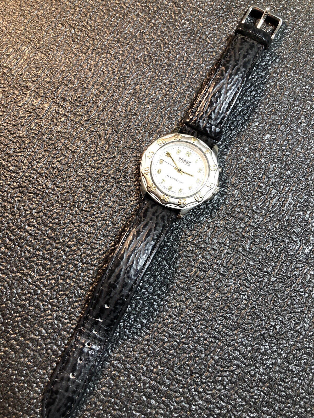 Vintage SHARP Opti-Glo Men Watch White Dial Silver Tone Fixed Bezel (read)