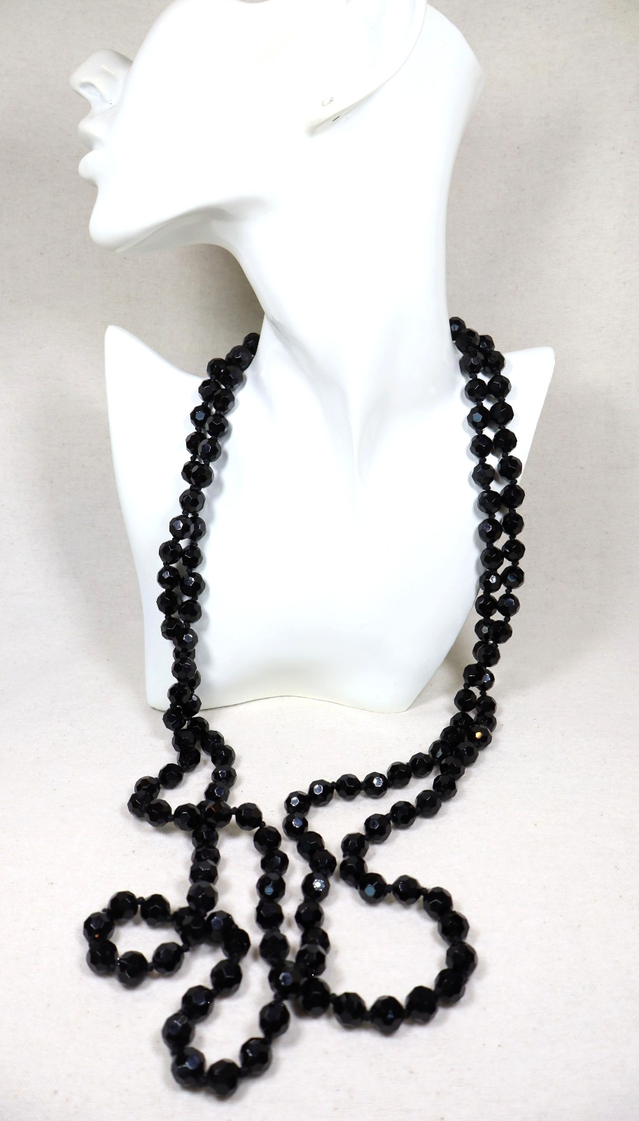 Vintage Art Deco French Jet Necklace 74″ Inch Length Faceted Black Beads