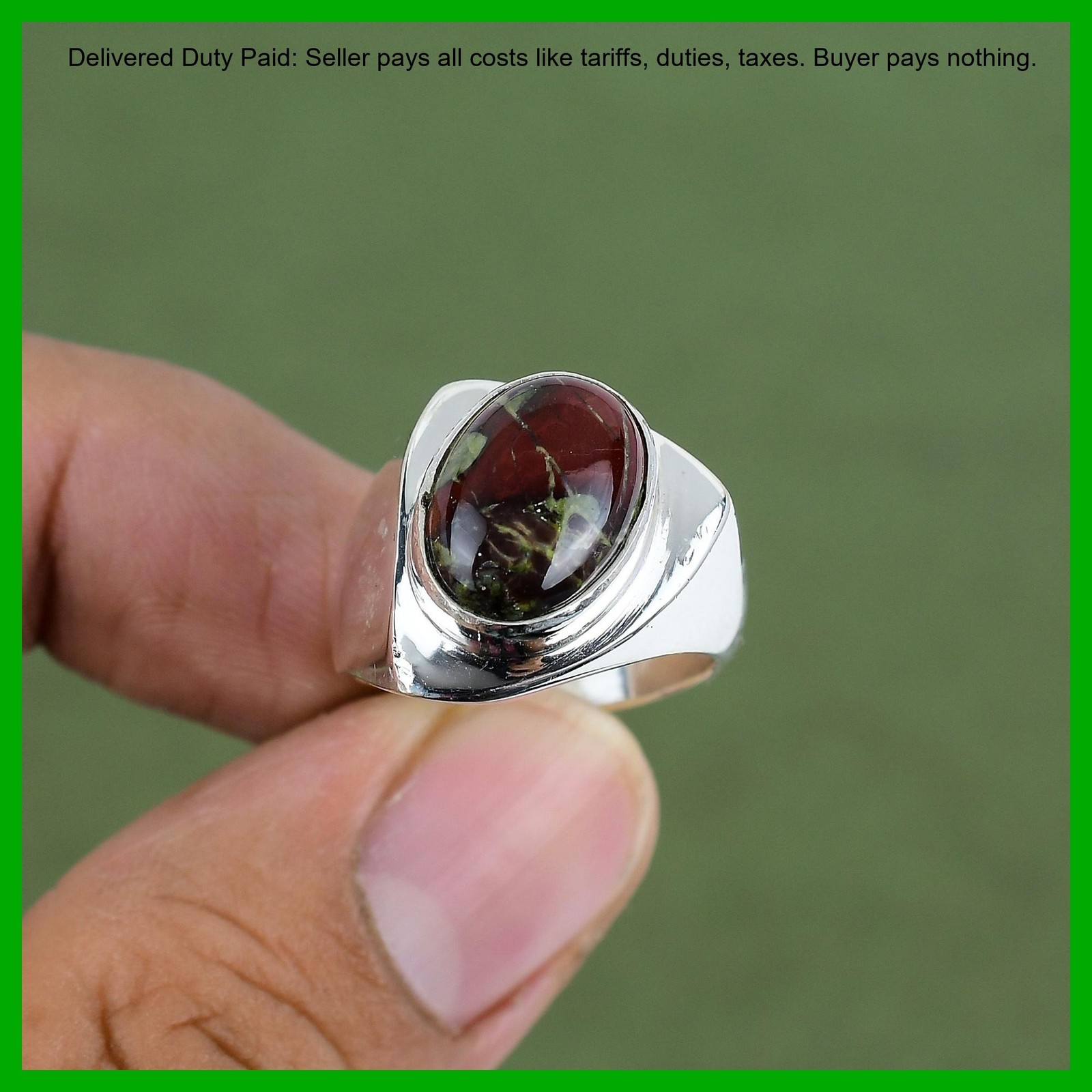925 Silver Oval Natural Dragon Bloodstone Unique Bezel Artisan Wife Promise Ring