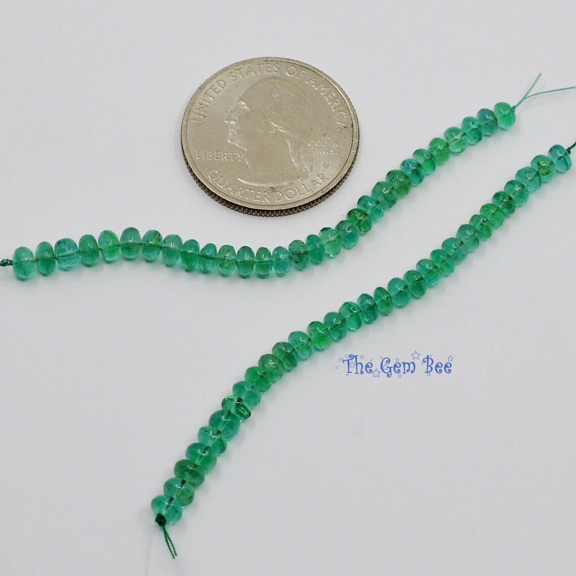 3.8mm-4.3mm Zambian TRANSPARENT Green Emerald Smooth Rondelle Beads 3″ Strand