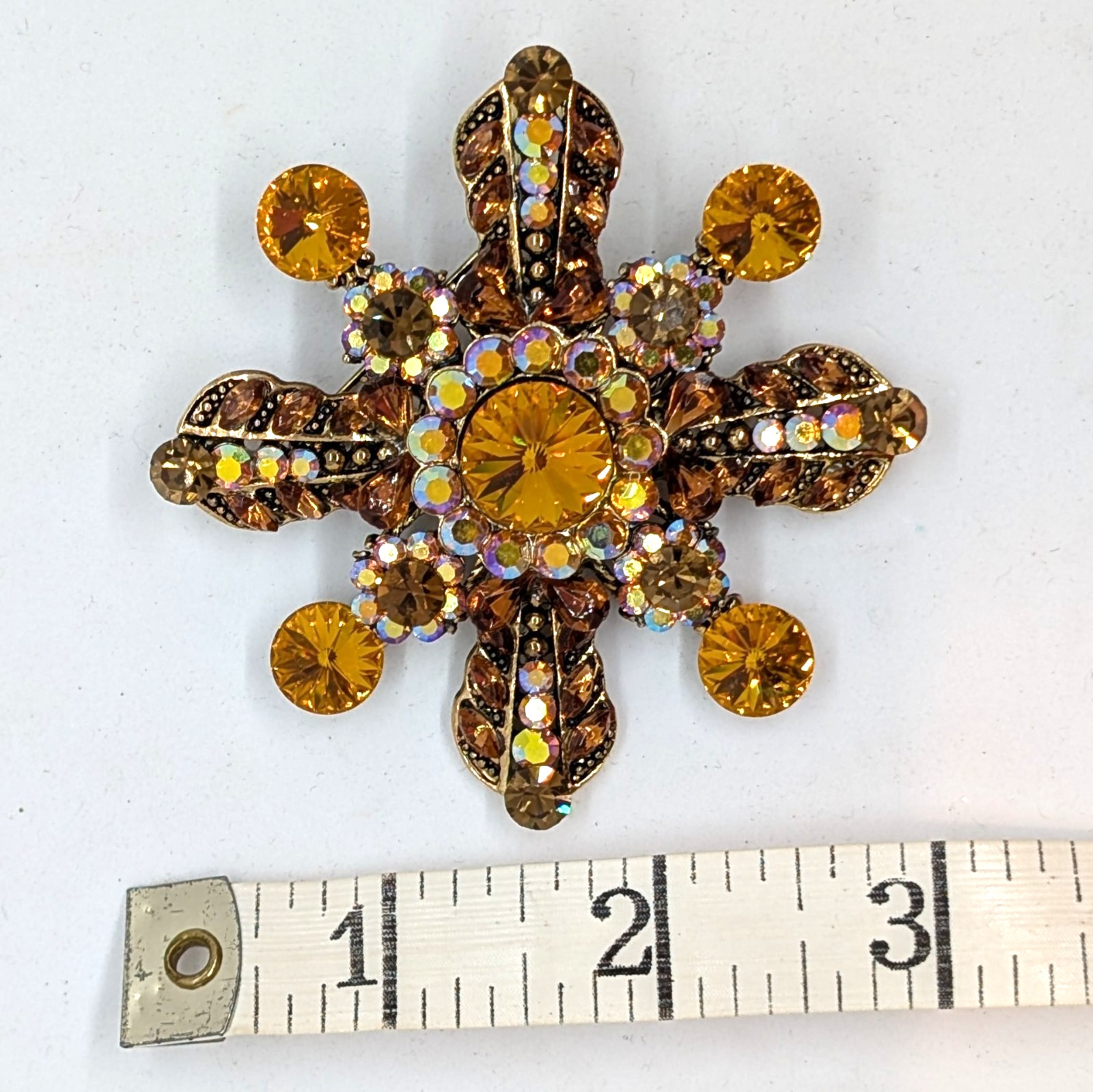 Vintage Floral Flower Rhinestone Brooch Pin Orange Brown Iridescent 2.75″ Autumn