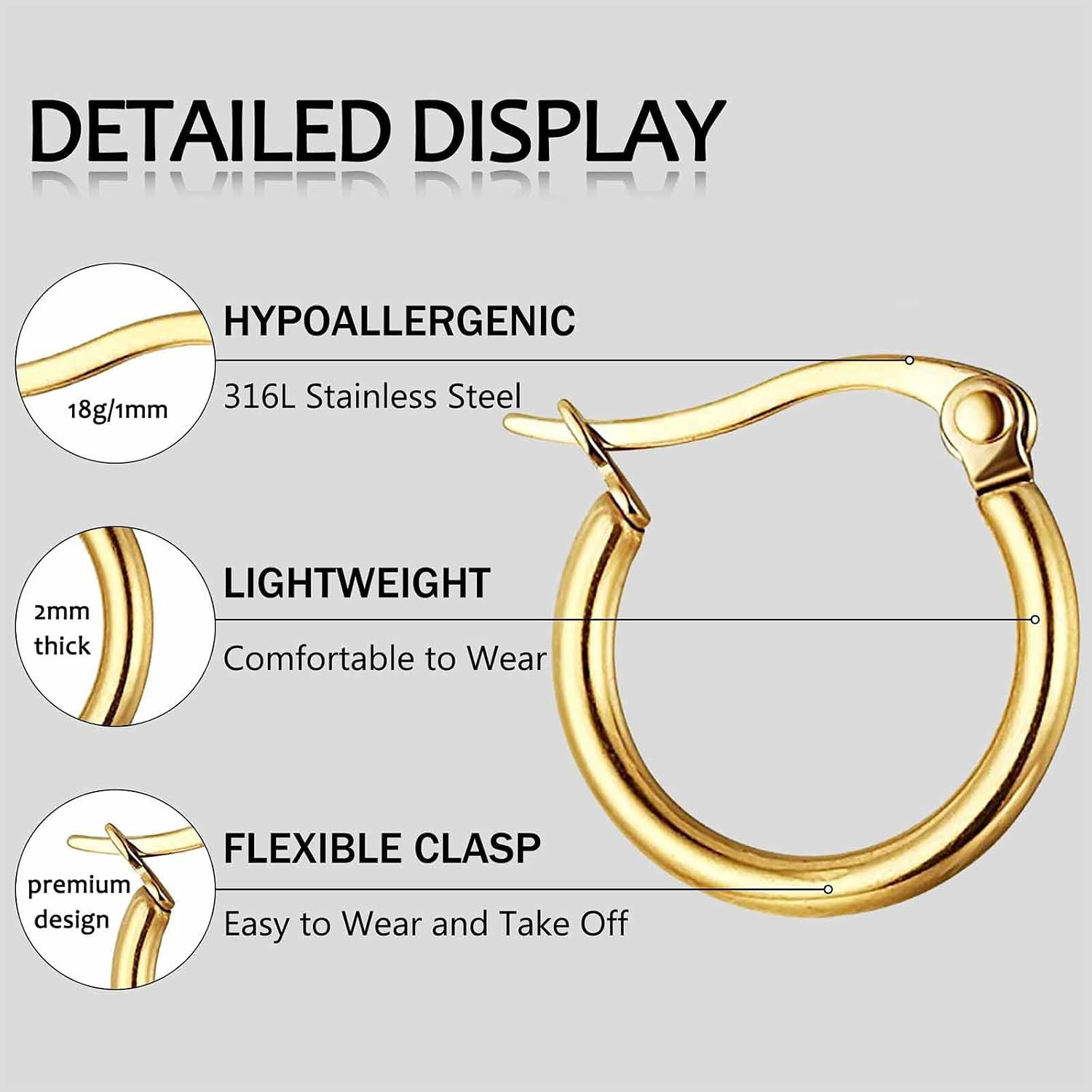 3 Pairs Stainless Steel Hoop Earrings Set for Women Mens Black Silver Gold Small