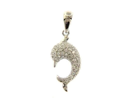 18K WHITE GOLD SMALL 12mm 0.5″ ROUNDED DOLPHIN PENDANT WITH ZIRCONIA, CHARM