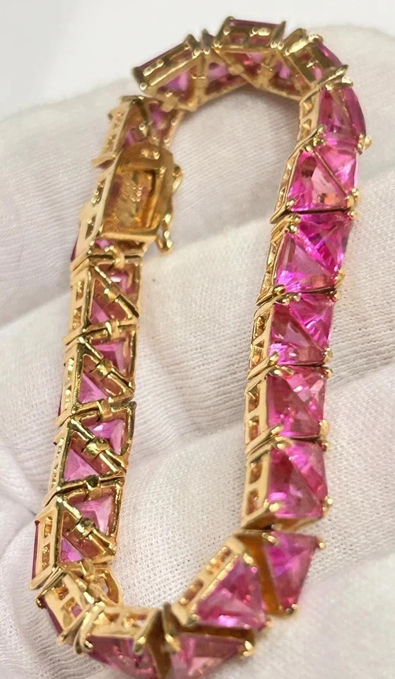 4CT Trillion Cut Lab Created Pink Sapphire Tennis Bracelet 14K Yellow Gold Over