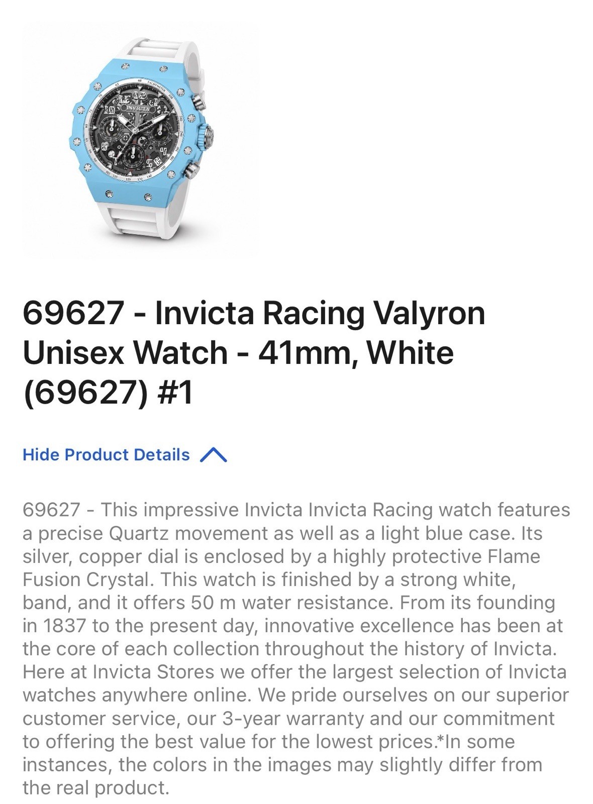 Invicta Racing Valyron Men’s 44mm, Blue Dial White Band 69673 NEW