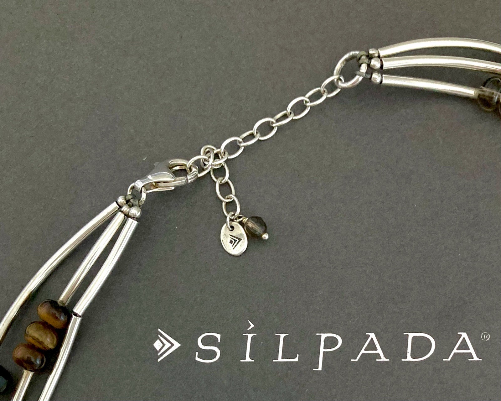 SILPADA Sterling Silver TUBE BEAD-PEARL-SMOKY QUARTZ-TIGER’S EYE Necklace~#N2264