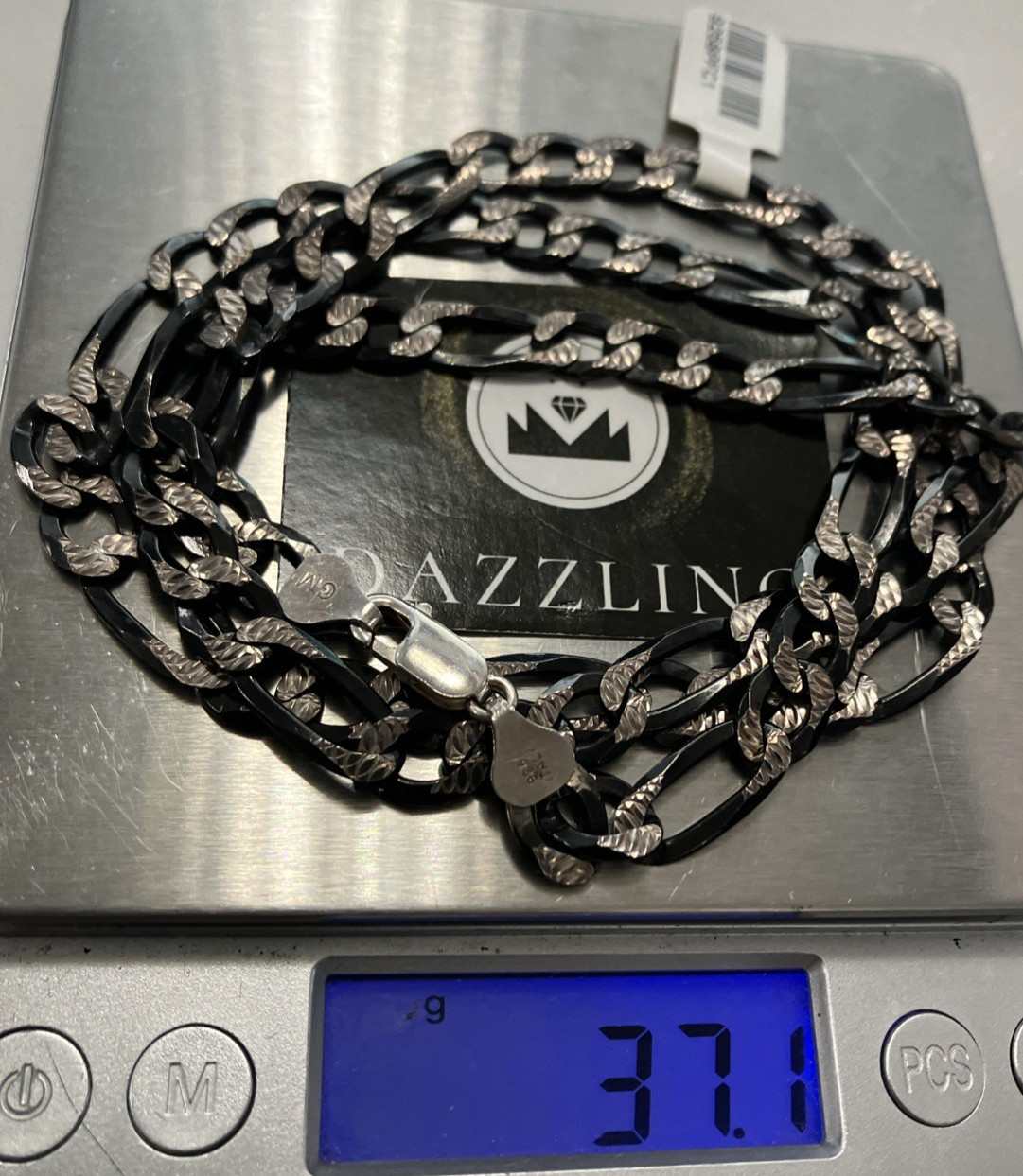 925 Sterling Silver Italy Solid Black Diamond-Cut Figaro Chain 37grams 8mm 26”