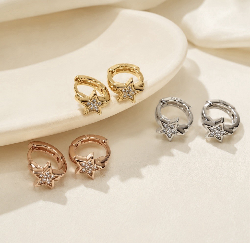 18K Gold Plated Star Huggie Hoop Earrings 9mm Small CZ Unisex Earrings 177