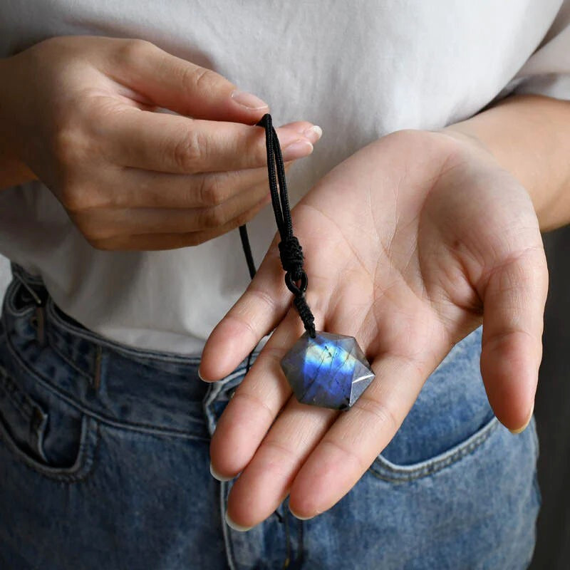 Natural Labradorite Hexagram Amulet Pendant Healing Energy Adjustable Necklace