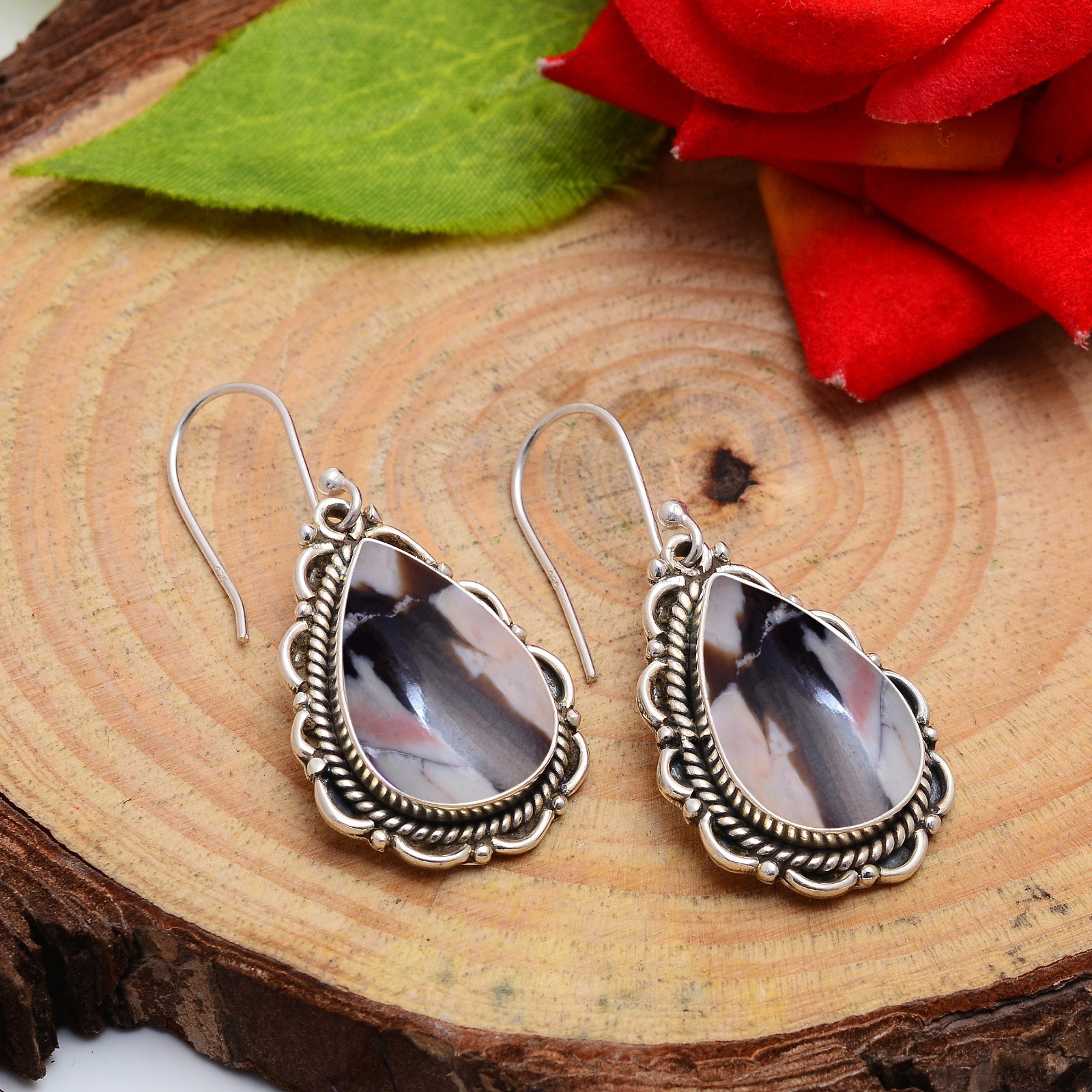 Peanut Wood Jasper 925 Sterling Silver Earrings Brown Beige Fossil Stone Jewelry