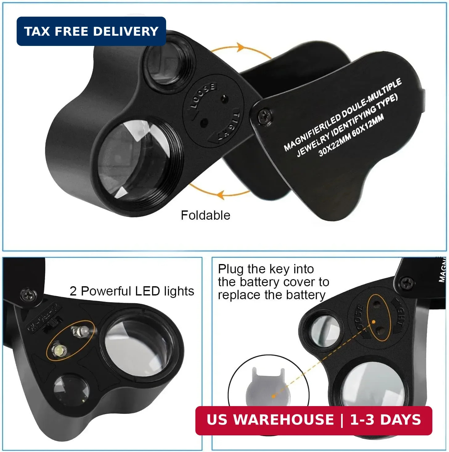 HMKIS Jewelers Loupe, 2 Pack Magnifying Glass with Light, 30X 60X 90X Jewelers L