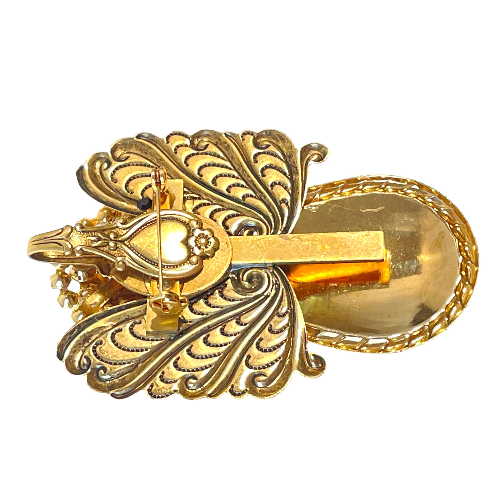 Large Artisan Angel Brooch Pendant – Rhinestone Head – Wings Bow w/ Hidden Cross