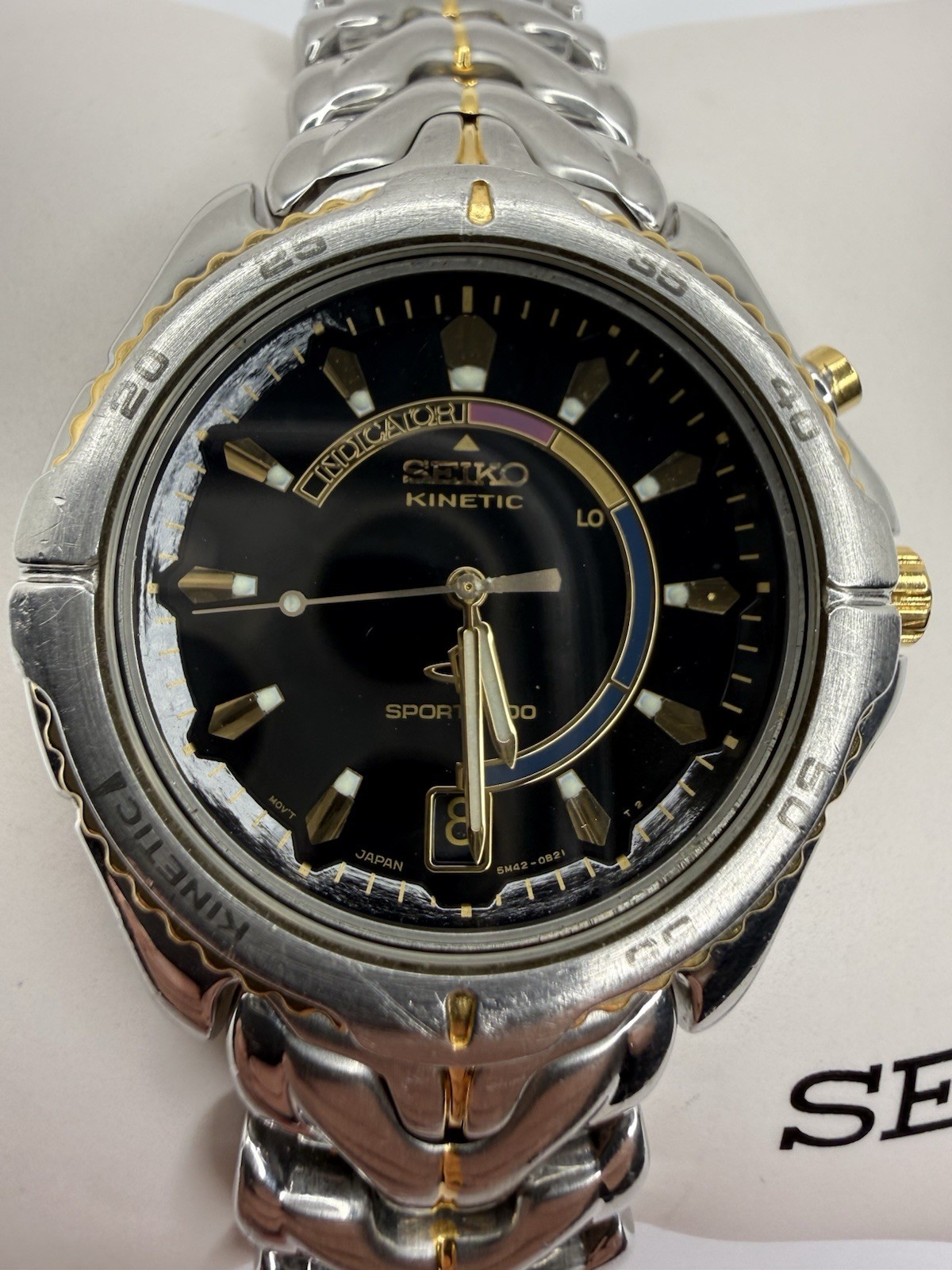Seiko Kinetic Men’s Sport Watch Black Dial Two-Tone SS Bracelet 5M42-0B09