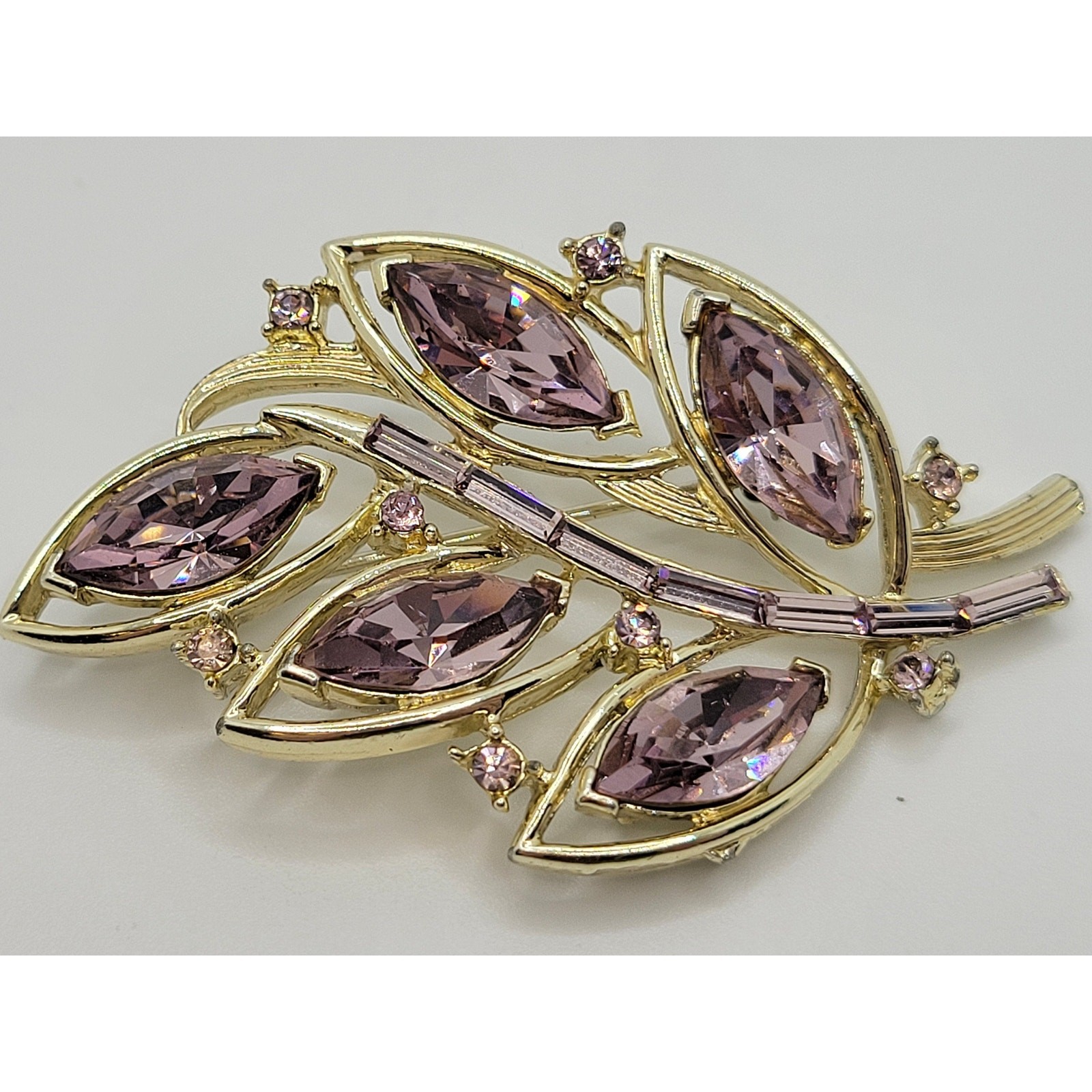 Vintage Kramer Rhinestone Leaf Brooch Amethyst Purple Baguette Marquise Signed