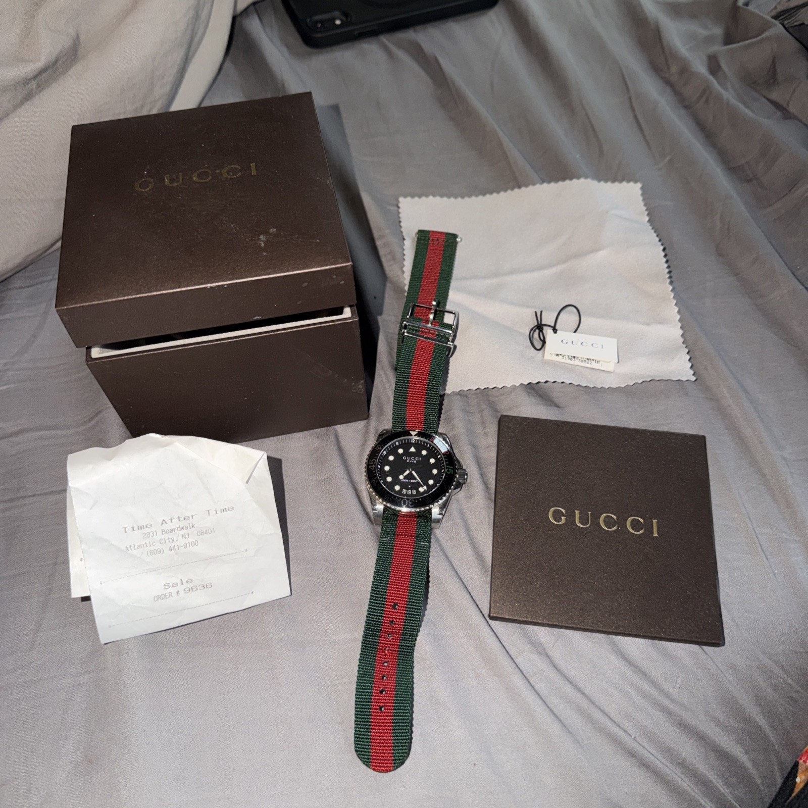 Gucci Dive 45mm Black Matte Dial Green Red Web Nylon Watch YA136209