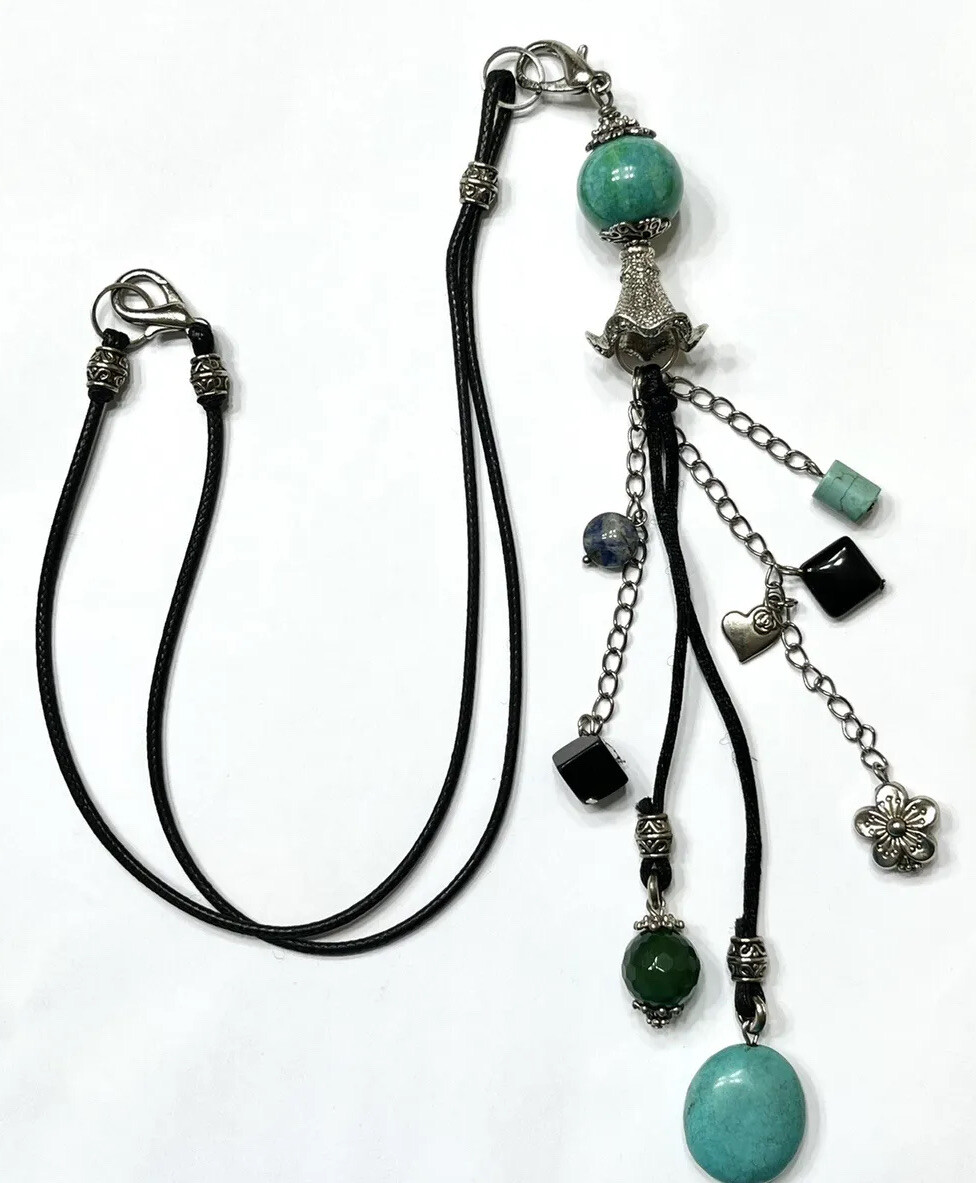 Beaded CLIP-ON GEMSTONE CHARM Necklace. length 24 in. Charm 8 3/4 in