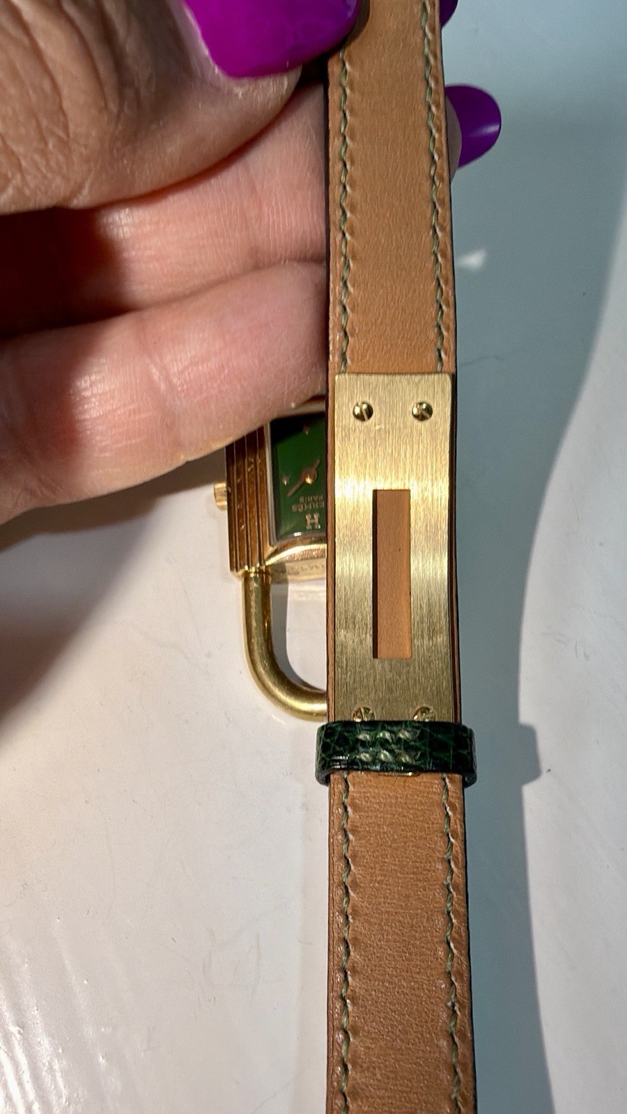 Hermes Kelly Watch Green Lizard Leather Strap Size 7