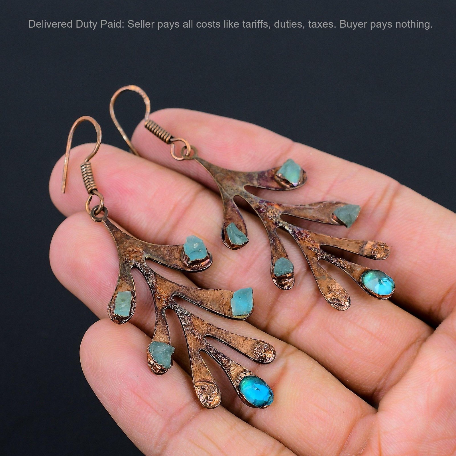 Copper Natural Neon Apatite Dangle Drop Trendy Electroformed Artisan Earrings