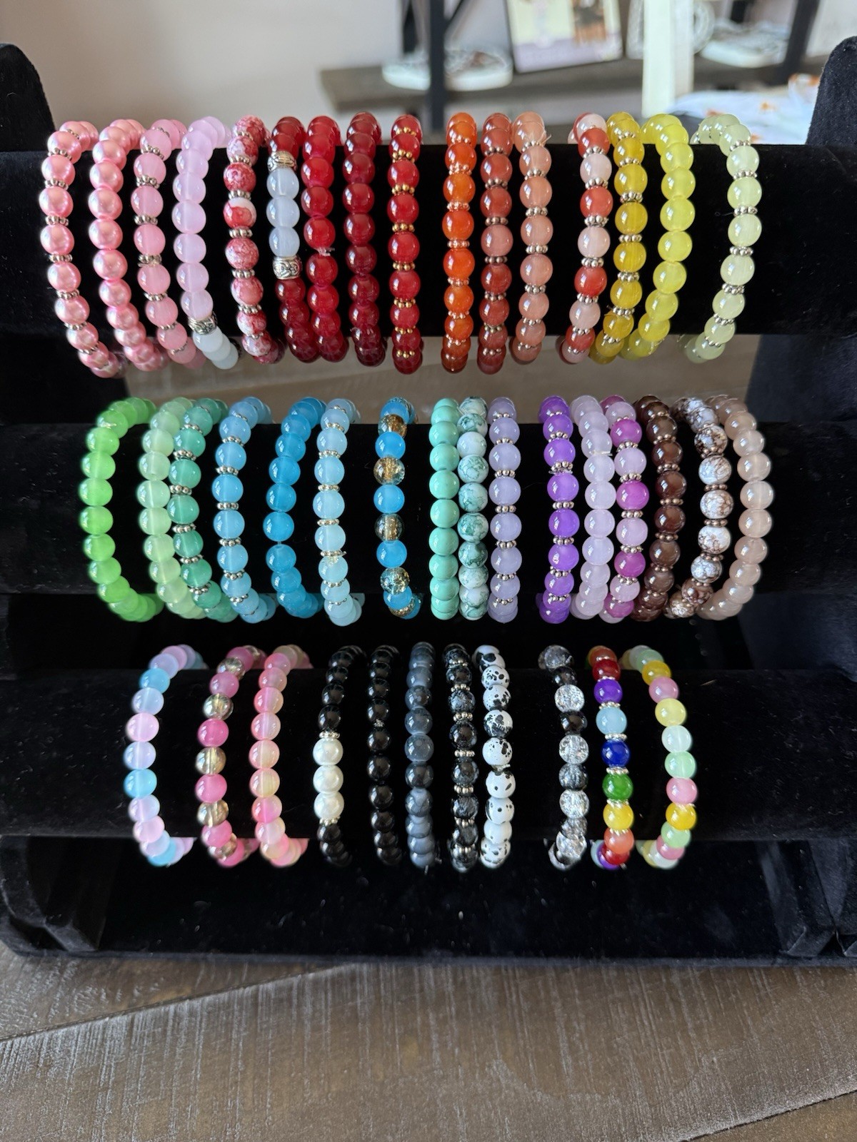 BRAND NEW 43 Bulk Glass Bead Bracelets With 3 Tier Bracelet Stand, Handmade
