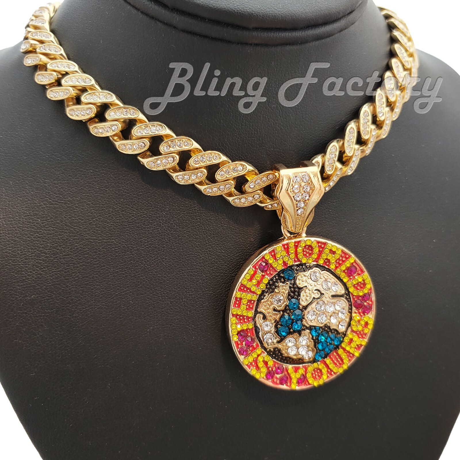 The World is Yours Pendant & 16″ 18″ 20″ 24″ Iced Cuban Box Lock Chain Necklace