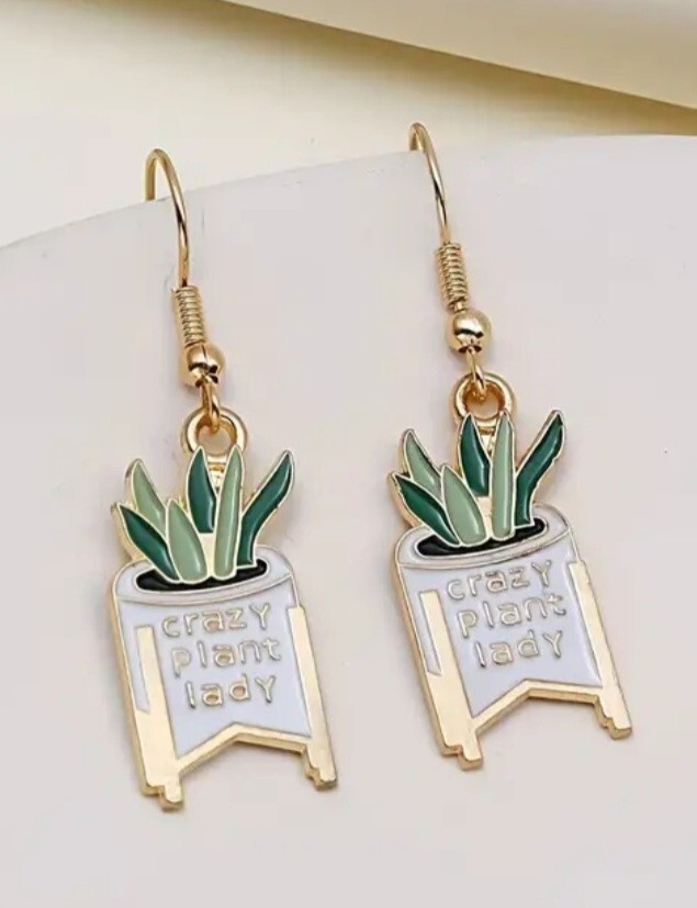 CRAZY PLANT LADY Earrings Unique Green And Gold Novelty Gift Potted Plant NEW